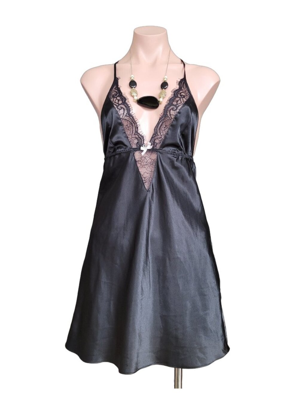 LA VIE EN ROSE Black Mesh Lace Tank Slip Dress (S)